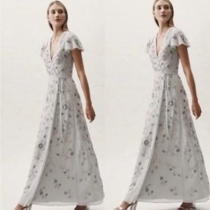 BHLDN x AnthroPlymouth Gown Maxi Dress Metallic Beading Wrap Flutter Light Gray
